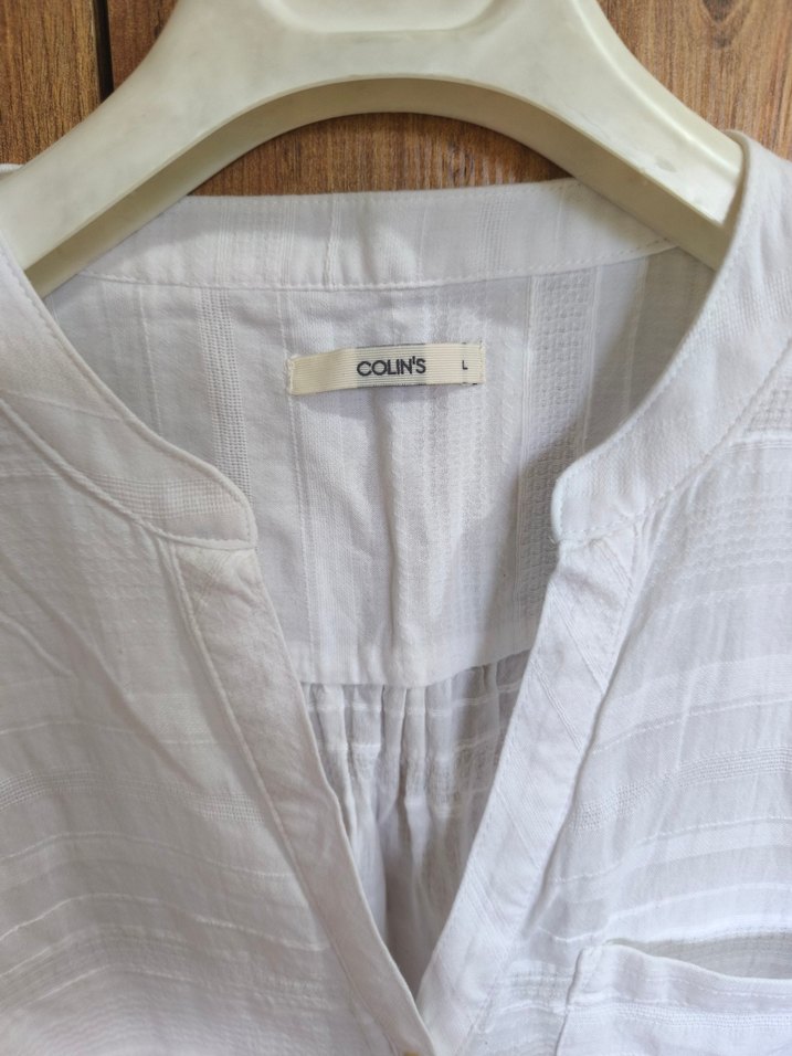 Düğmeli Beyaz Keten Kadın Gömlek - Görsel 3