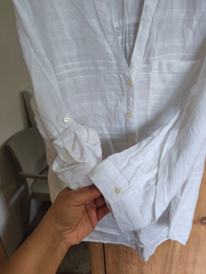 Düğmeli Beyaz Keten Kadın Gömlek - Görsel 4