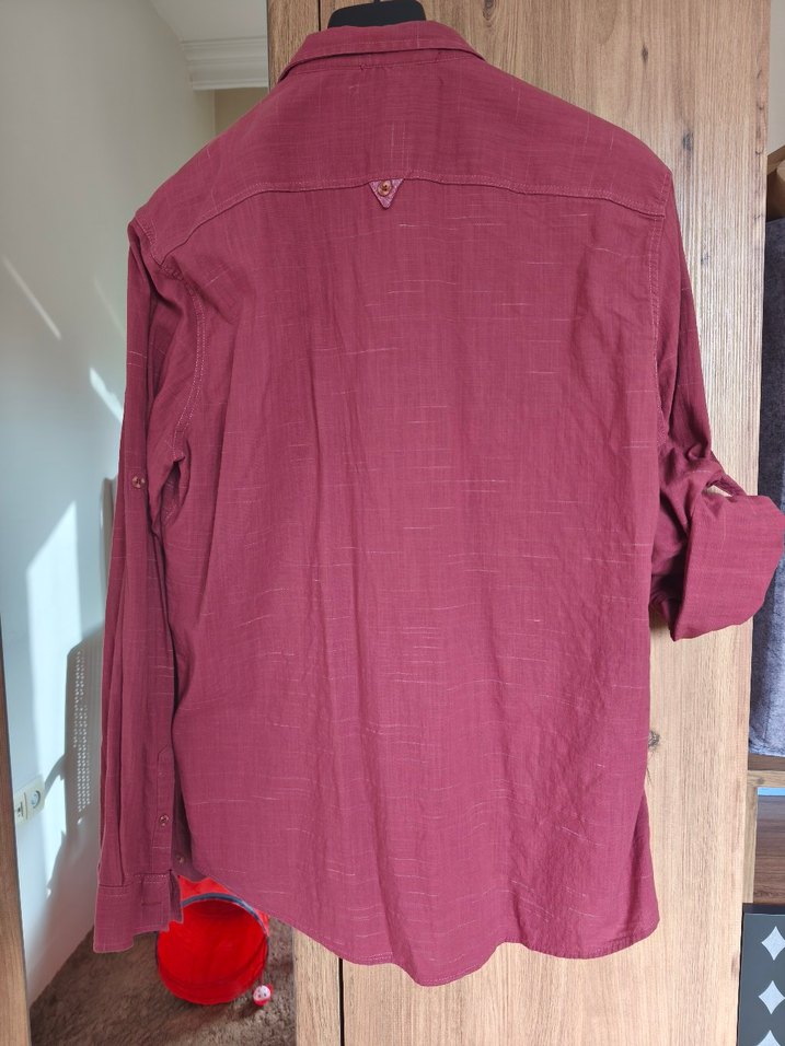 Bordo Uzun Kollu Keten Erkek Gömlek - Görsel 2