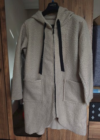 Bej Kapüşonlu Midi Rahat Kesim Ceket - Görsel 2