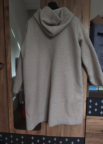 Bej Kapüşonlu Midi Rahat Kesim Ceket - Görsel 3