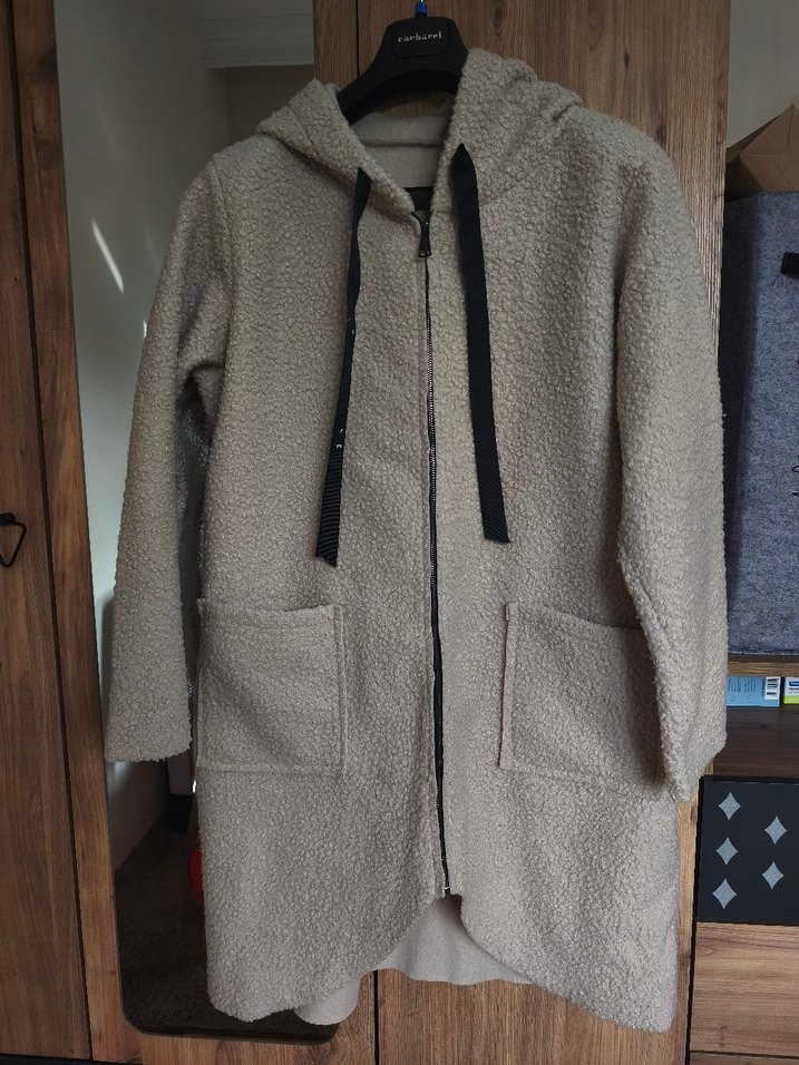 Bej Kapüşonlu Midi Rahat Kesim Ceket - Görsel 2