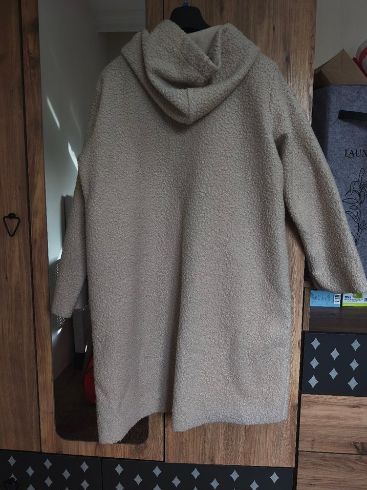 Bej Kapüşonlu Midi Rahat Kesim Ceket - Görsel 3