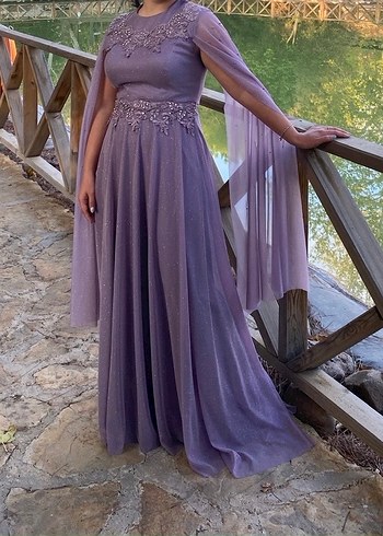 Yüksek Yakalı Mor Uzun Abiye Elbise - Görsel 2