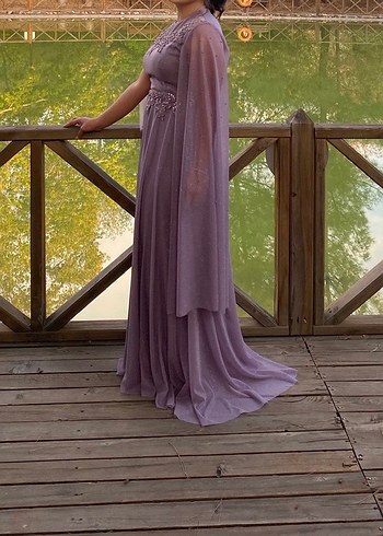 Yüksek Yakalı Mor Uzun Abiye Elbise - Görsel 3