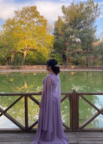 Yüksek Yakalı Mor Uzun Abiye Elbise - Görsel 4