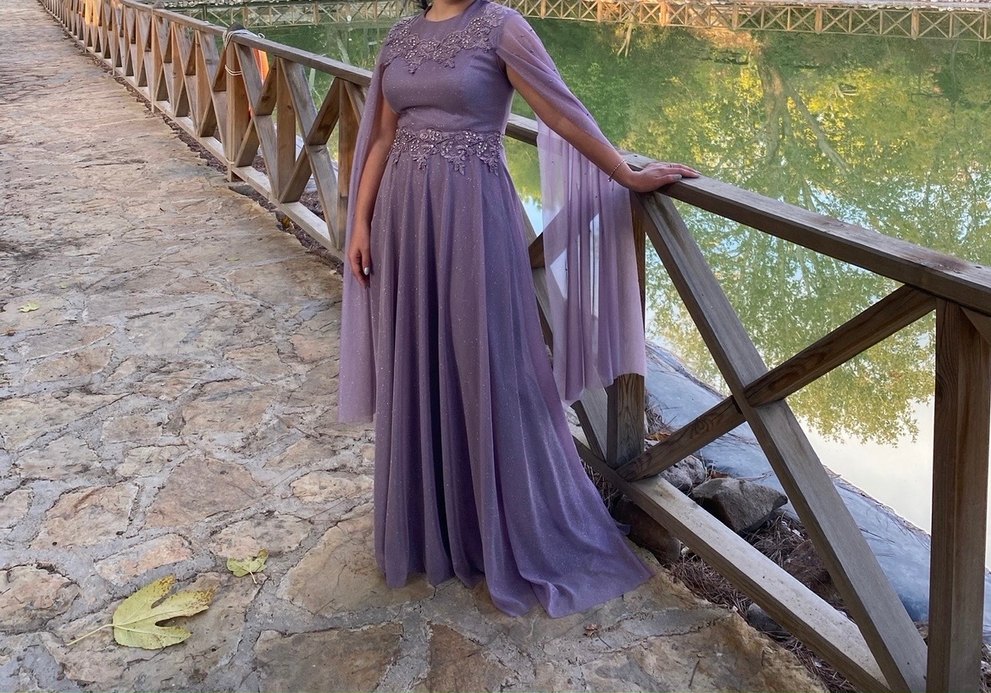 Yüksek Yakalı Mor Uzun Abiye Elbise - Görsel 2