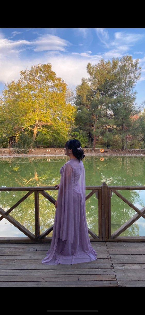 Yüksek Yakalı Mor Uzun Abiye Elbise - Görsel 4