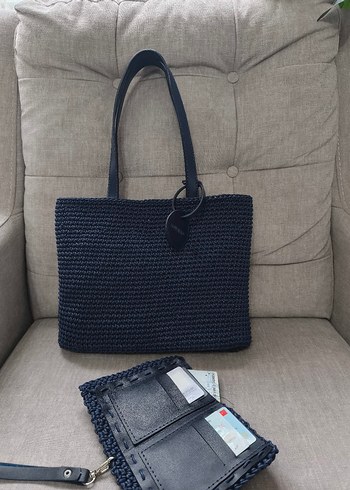 Lacivert Örgü Kadın Çanta ve Cüzdan Seti - Görsel 2