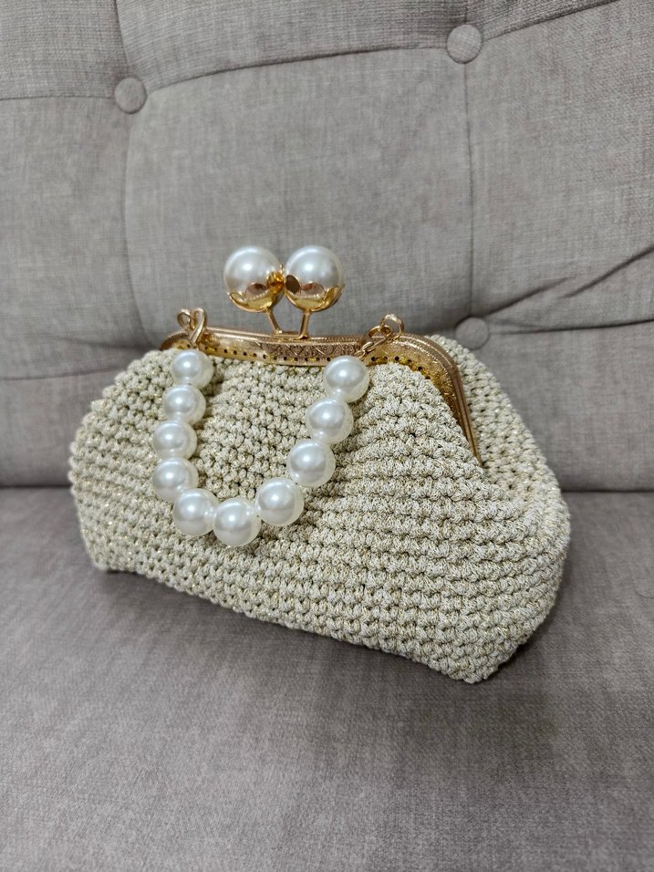 İnci Detaylı Altın Örgü Kadın Çanta - Görsel 2