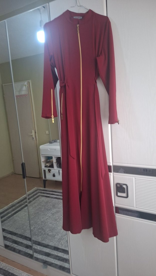 Bordo Fermuarlı Uzun Kollu Uzun ferace - Görsel 2