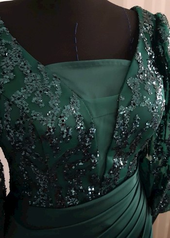 Uzun zümrüt Yeşil Drapeli Abiye Elbise - Görsel 4