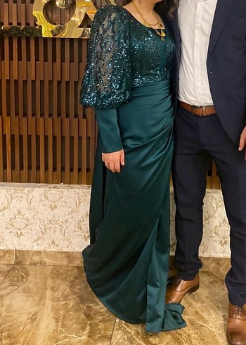 Uzun zümrüt Yeşil Drapeli Abiye Elbise - Görsel 6