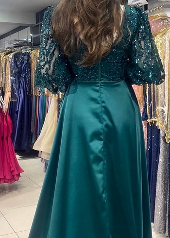 Uzun zümrüt Yeşil Drapeli Abiye Elbise - Görsel 5