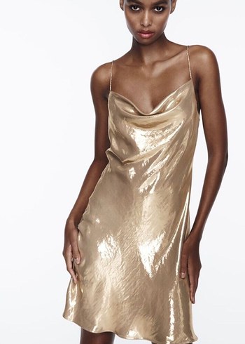 Zara Parlak Altın Drapeli V Yaka Midi Kokteyl Elbisesi - Görsel 3