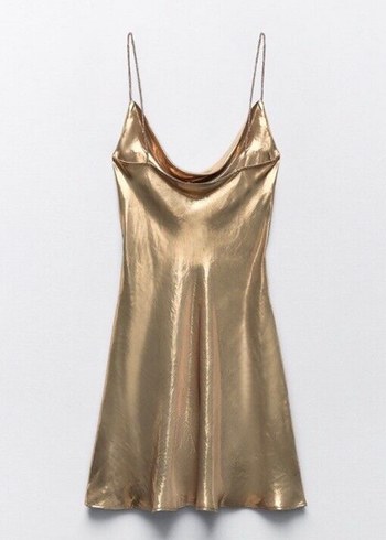 Zara Parlak Altın Drapeli V Yaka Midi Kokteyl Elbisesi - Görsel 5