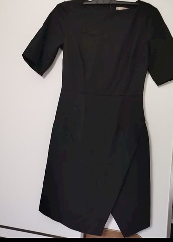 V Yaka Siyah Midi Ofis Elbisesi - Görsel 2