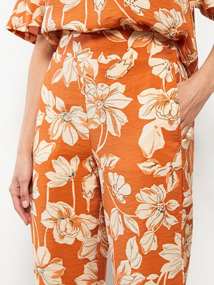 Çiçek Desenli Bej Midi Kadın Pantolon - Görsel 2