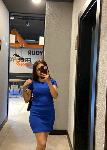 Mavi Kısa Kollu Mini Denim Elbise - Görsel 2