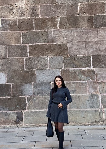 Gri Boğazlı Midi Triko Elbise - Görsel 2