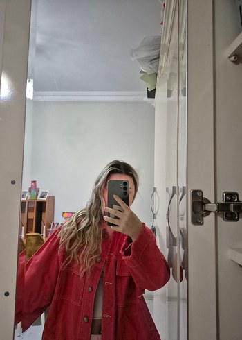 Düğmeli Kırmızı Kadın Denim Ceket - Görsel 4