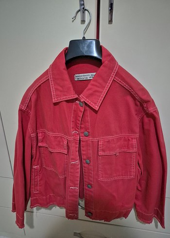 Düğmeli Kırmızı Kadın Denim Ceket - Görsel 2