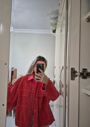 Düğmeli Kırmızı Kadın Denim Ceket - Görsel 3