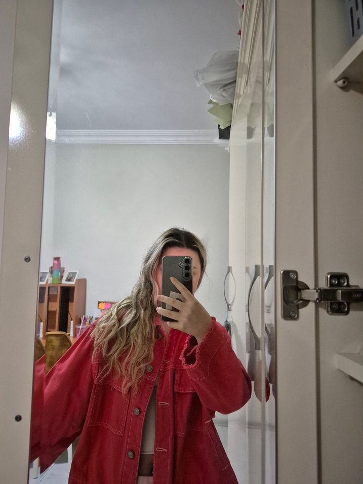 Düğmeli Kırmızı Kadın Denim Ceket - Görsel 4