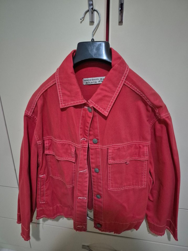 Düğmeli Kırmızı Kadın Denim Ceket - Görsel 2