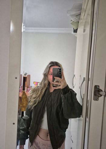 Kadın Haki Renk Fermuarlı Salaş Ceket - Görsel 3