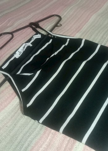 Siyah Beyaz Çizgili Mini Kadın Elbise - Görsel 2