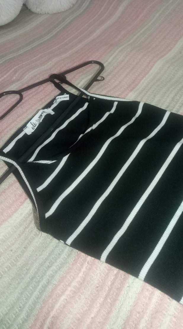 Siyah Beyaz Çizgili Mini Kadın Elbise - Görsel 2