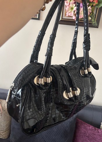 Siyah Yılan Derisi Desenli Deri Kadın Çanta - Görsel 2