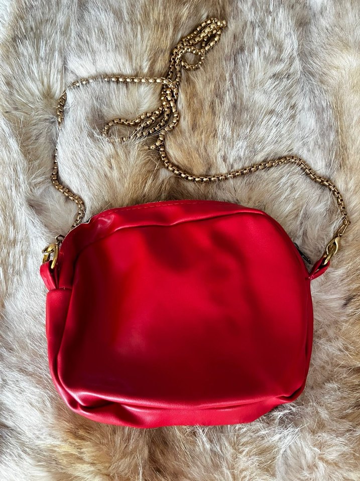 Kürk Detaylı Kırmızı Deri Kadın Çanta - Görsel 2