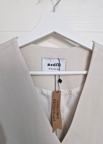 Düğmeli Keten Beyaz Kadın Yelek - Görsel 2