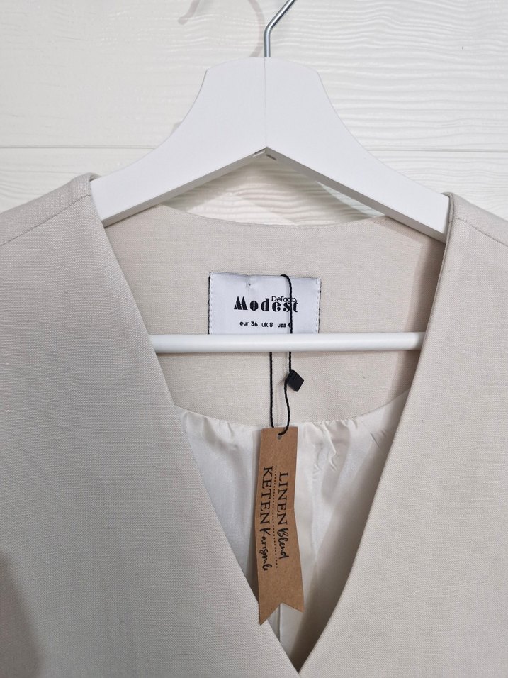 Düğmeli Keten Beyaz Kadın Yelek - Görsel 2