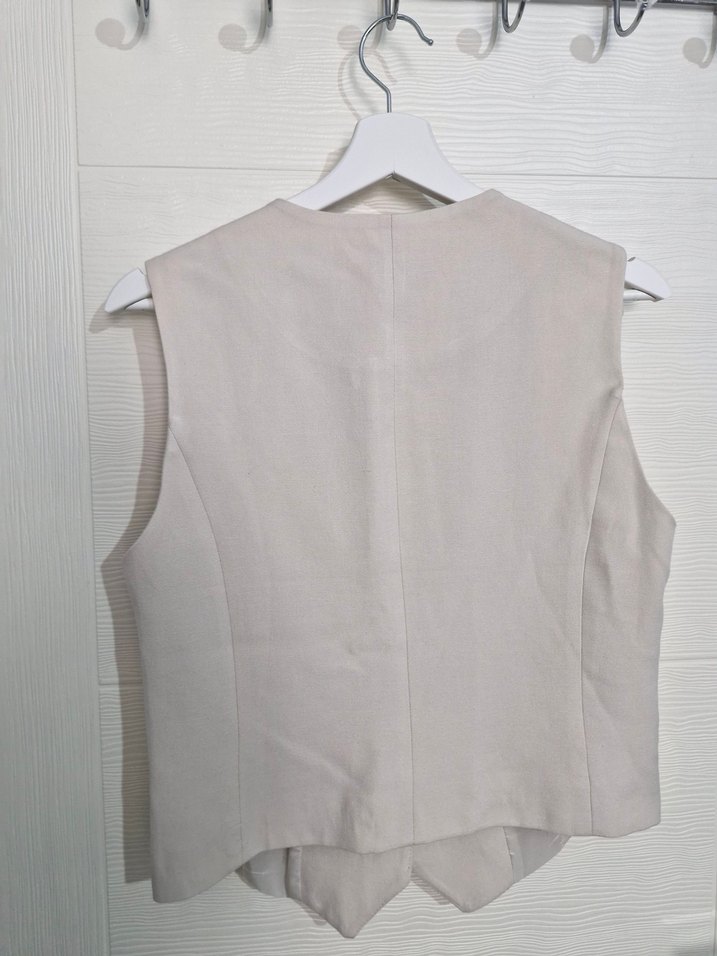 Düğmeli Keten Beyaz Kadın Yelek - Görsel 3