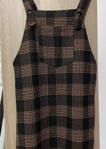 Kahverengi Kareli salopet elbise - Görsel 2