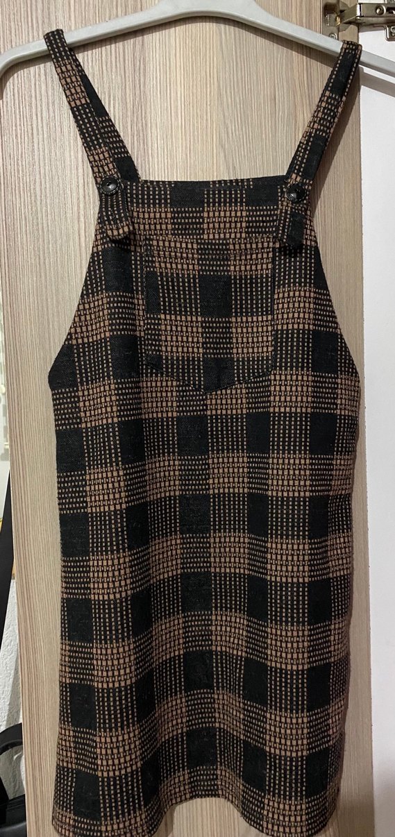 Kahverengi Kareli salopet elbise - Görsel 2