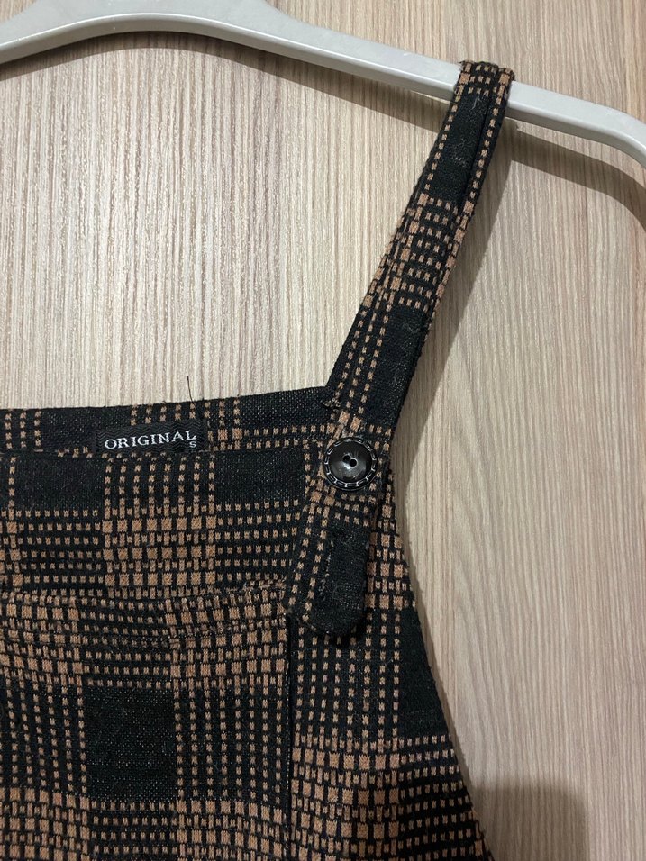 Kahverengi Kareli salopet elbise - Görsel 3