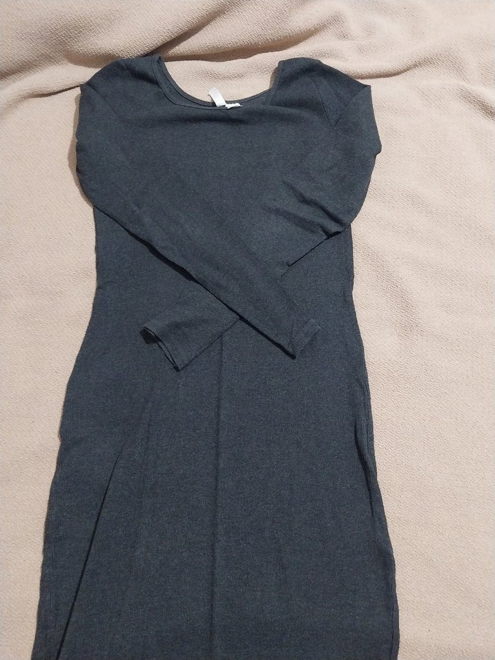 Uzun Kollu Gri Fitilli Kadın Elbise - Görsel 2