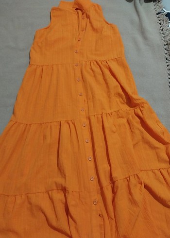 Turuncu Kolsuz Uzun Likrali Elbise - Görsel 2