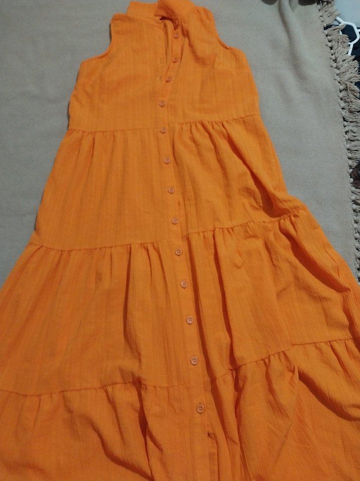 Turuncu Kolsuz Uzun Likrali Elbise - Görsel 2