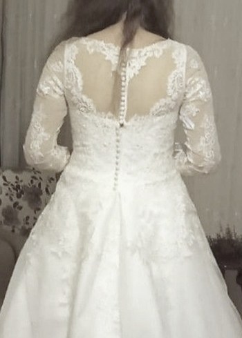 Dantel Detaylı Fakir Kol Beyaz A Kesim Gelinlik - Görsel 4