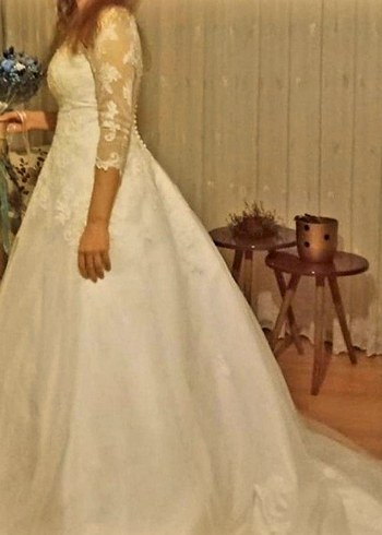 Dantel Detaylı Fakir Kol Beyaz A Kesim Gelinlik - Görsel 3