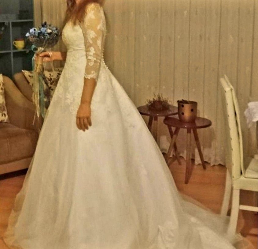 Dantel Detaylı Fakir Kol Beyaz A Kesim Gelinlik - Görsel 3