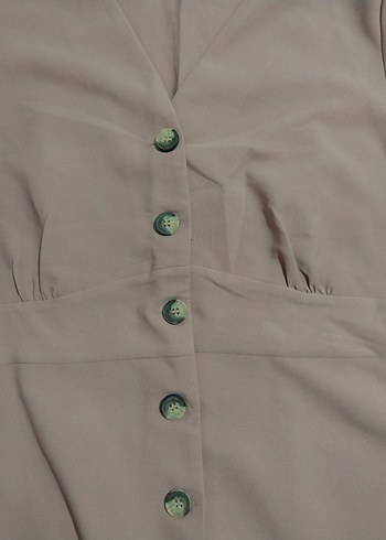 Toz Pembe Düğmeli V Yaka Uzun Kollu Elbise - Görsel 3