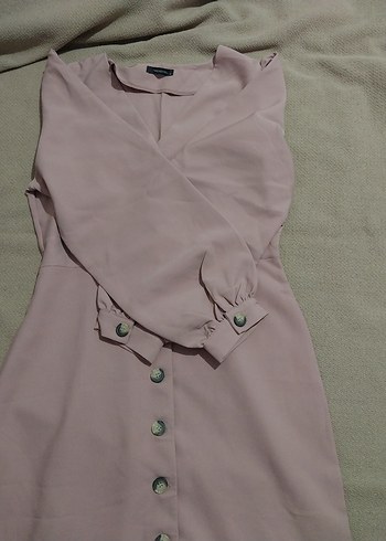 Toz Pembe Düğmeli V Yaka Uzun Kollu Elbise - Görsel 5