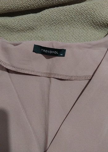 Toz Pembe Düğmeli V Yaka Uzun Kollu Elbise - Görsel 2