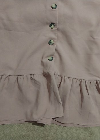 Toz Pembe Düğmeli V Yaka Uzun Kollu Elbise - Görsel 4